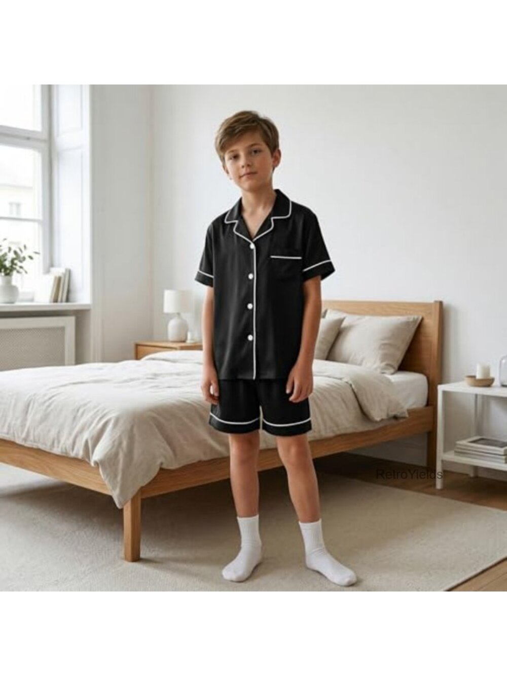 Kids Soft Pajama Set 2pc Short Sleeve Button Down Sleepwear Flame Resistant - Picture 3 of 6
